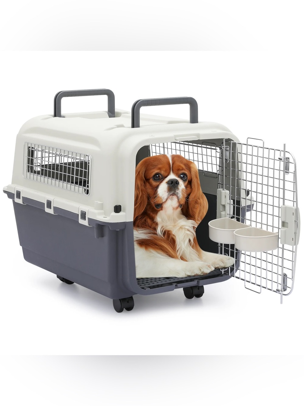 Pet Travel Carrier Crate in White and Gray - Secure Small Pet Kennel WITH WHEELS